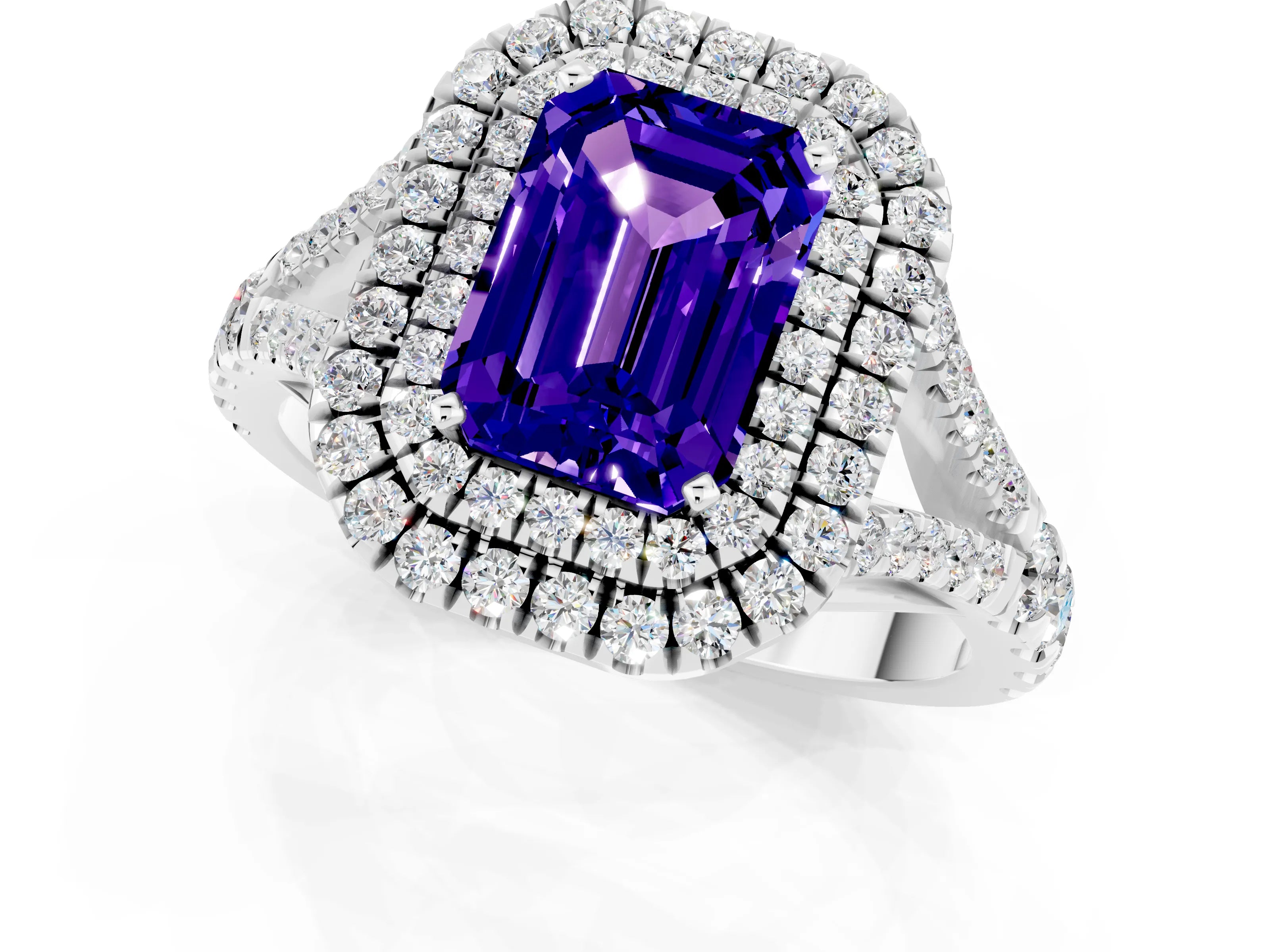White gold Double Halo Emerald Cut Tanzanite Split Shank Engagement Ring with Four-Prong Setting_1