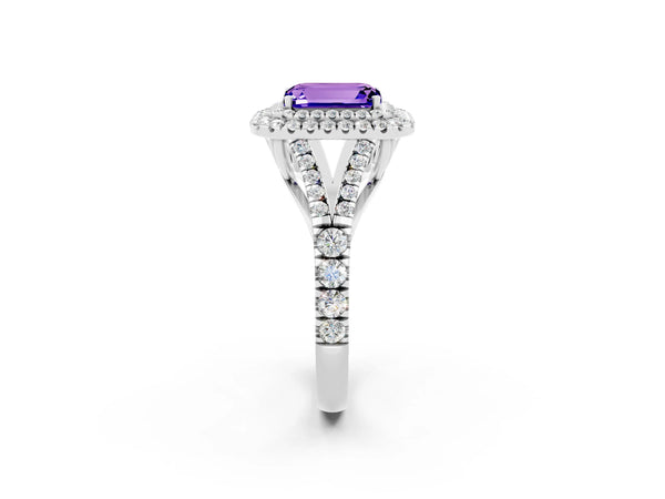 Platinum Double Halo Emerald Cut Tanzanite Split Shank Engagement Ring with Four-Prong Setting