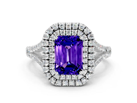 White gold Double Halo Emerald Cut Tanzanite Split Shank Engagement Ring with Four-Prong Setting