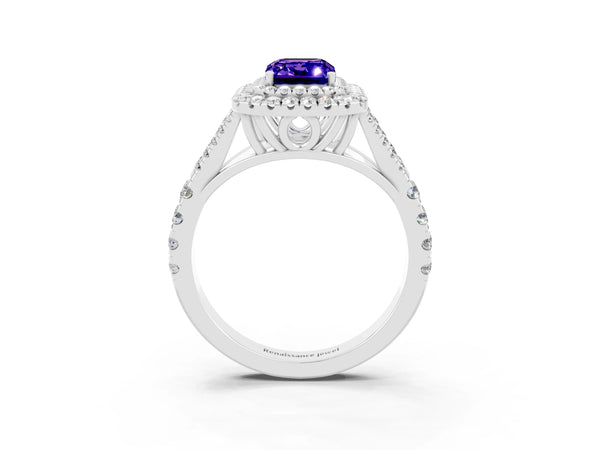 Platinum Double Halo Emerald Cut Tanzanite Split Shank Engagement Ring with Four-Prong Setting