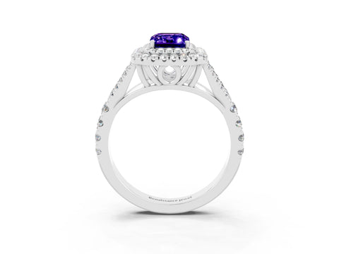 White gold Double Halo Emerald Cut Tanzanite Split Shank Engagement Ring with Four-Prong Setting_3