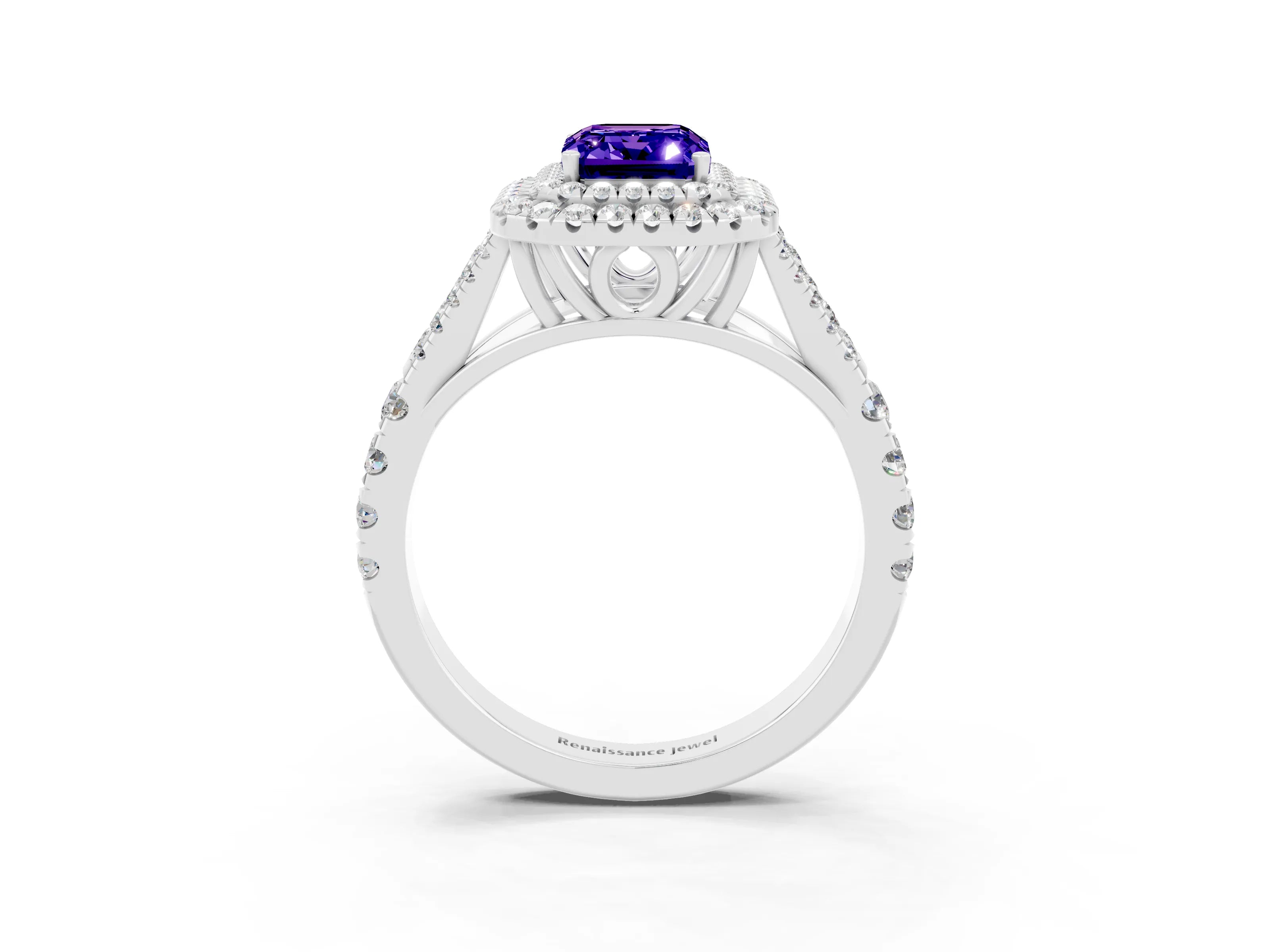 White gold Double Halo Emerald Cut Tanzanite Split Shank Engagement Ring with Four-Prong Setting_3