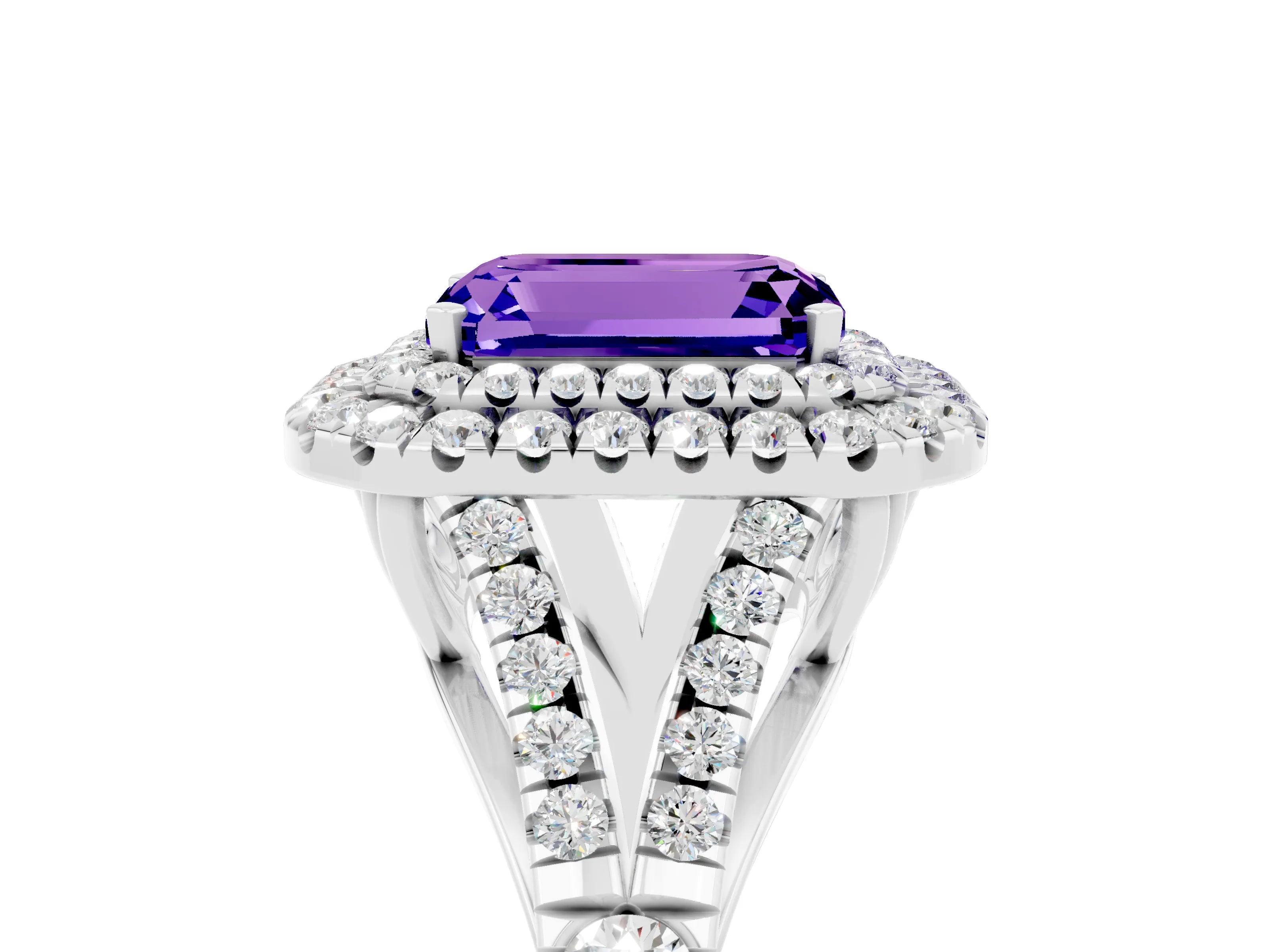 White gold Double Halo Emerald Cut Tanzanite Split Shank Engagement Ring with Four-Prong Setting_5