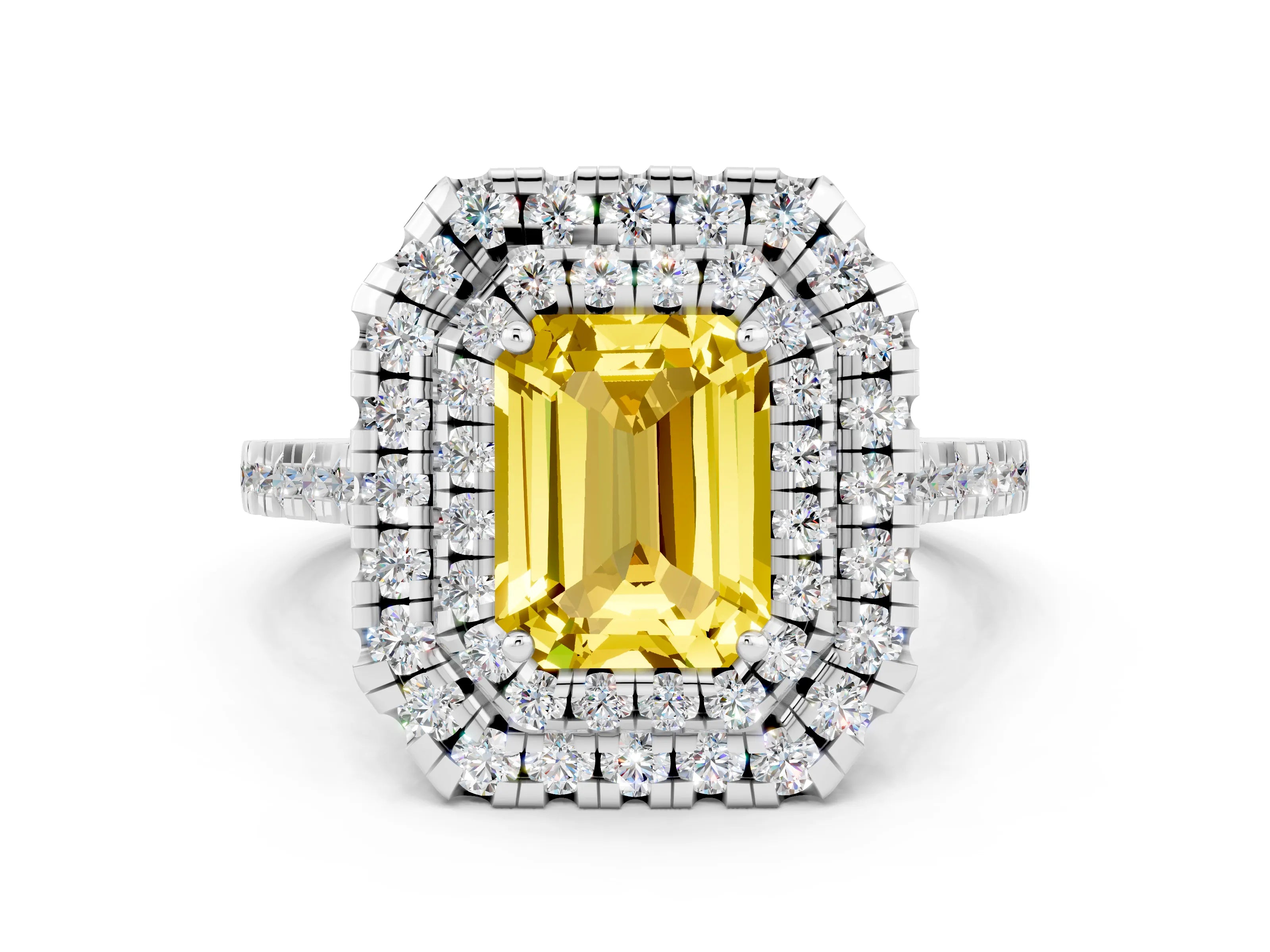 White gold Double Halo Emerald Cut Yellow Sapphire Pavé Band with Four-Prong Setting_24