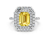 White gold Double Halo Emerald Cut Yellow Sapphire Pavé Band with Four-Prong Setting_24