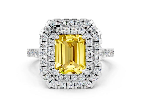 White gold Double Halo Emerald Cut Yellow Sapphire Pavé Band with Four-Prong Setting_24
