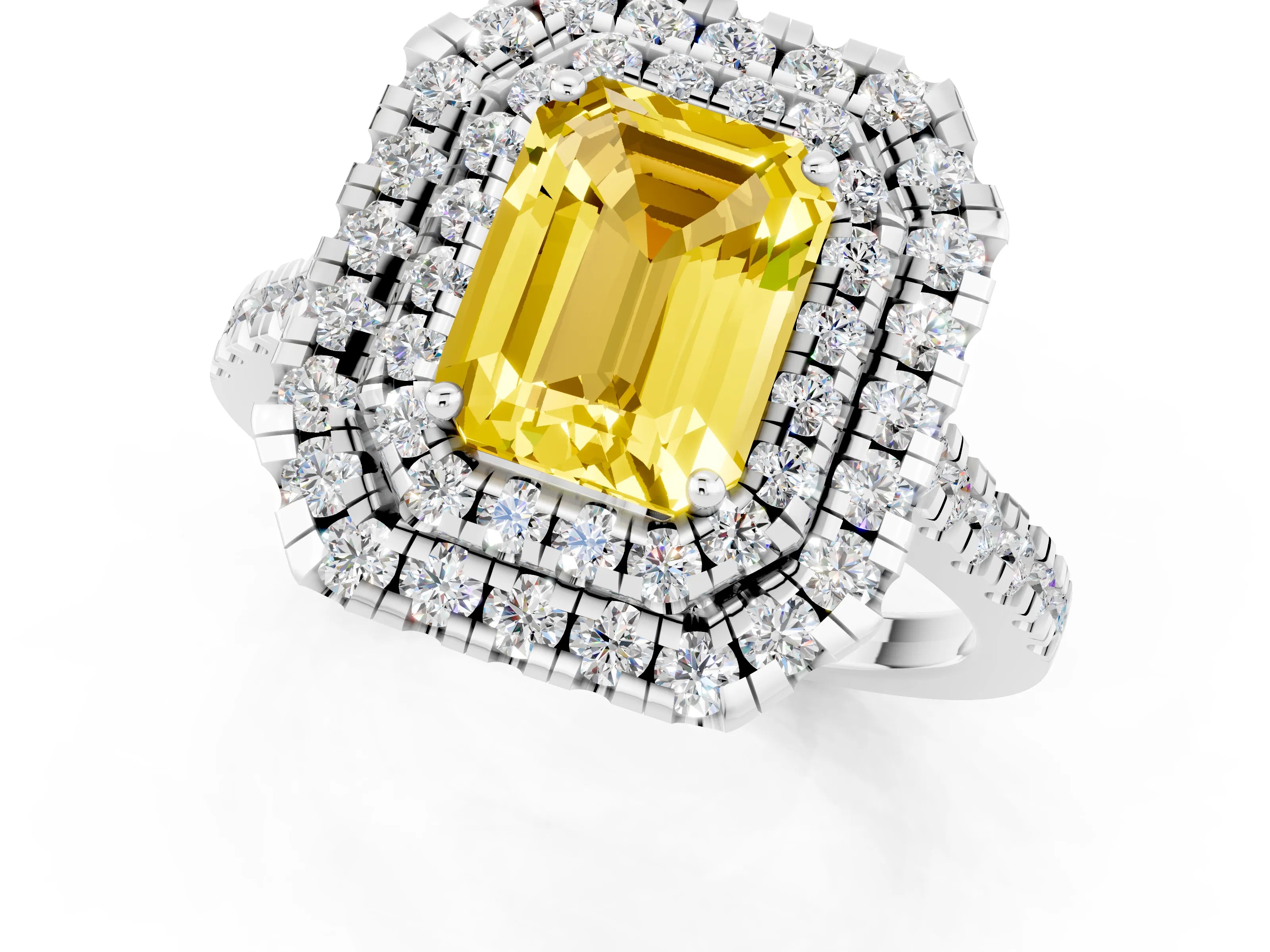 White gold Double Halo Emerald Cut Yellow Sapphire Pavé Band with Four-Prong Setting_25