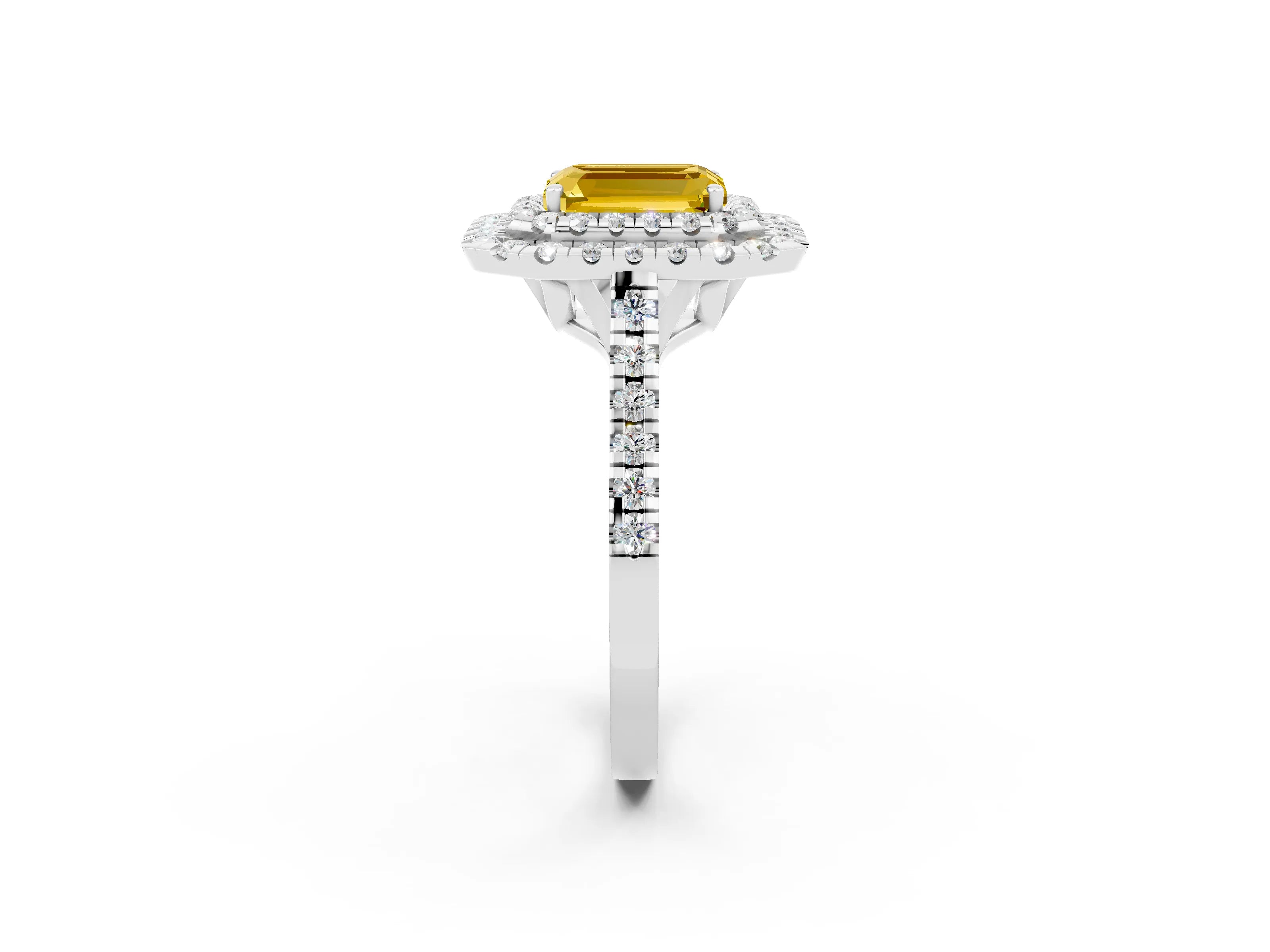 White gold Double Halo Emerald Cut Yellow Sapphire Pavé Band with Four-Prong Setting_26