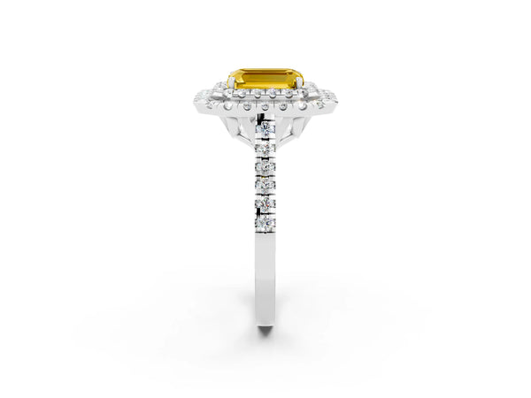 Silver Double Halo Emerald Cut Yellow Sapphire Pavé Band with Four-Prong Setting