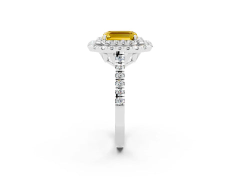 White gold Double Halo Emerald Cut Yellow Sapphire Pavé Band with Four-Prong Setting_26