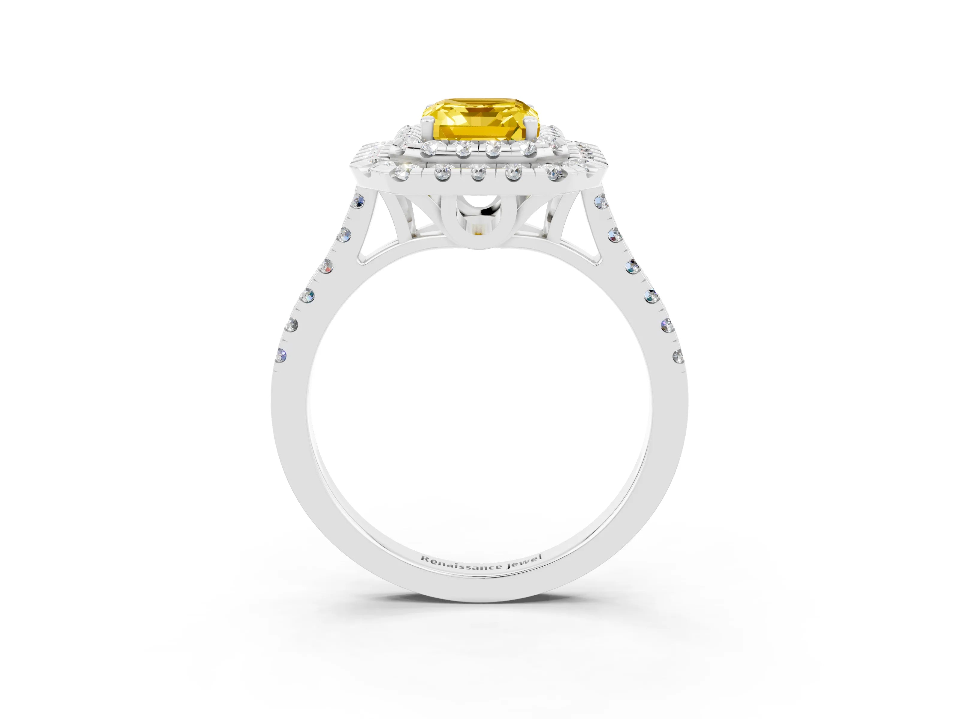White gold Double Halo Emerald Cut Yellow Sapphire Pavé Band with Four-Prong Setting_27