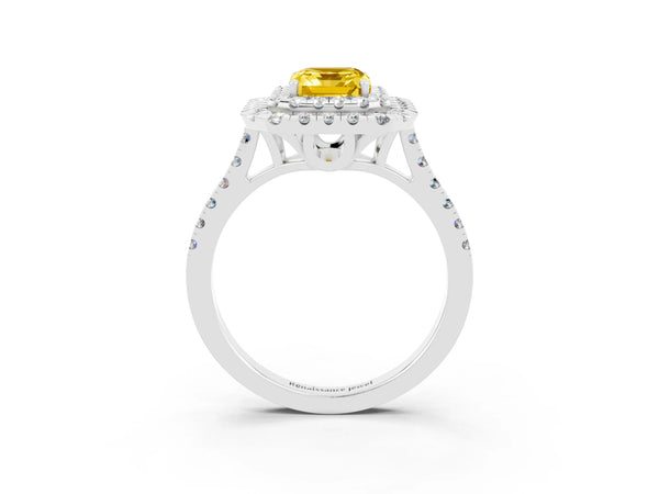 White gold Double Halo Emerald Cut Yellow Sapphire Pavé Band with Four-Prong Setting