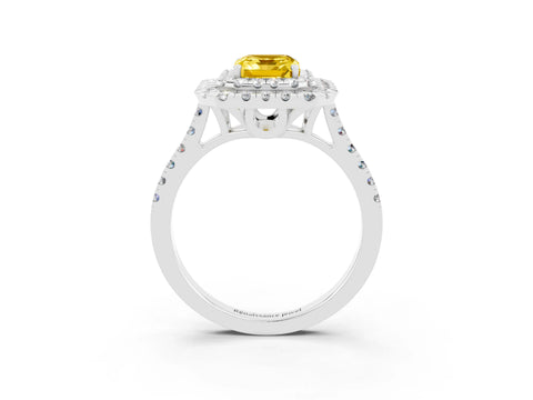White gold Double Halo Emerald Cut Yellow Sapphire Pavé Band with Four-Prong Setting_27