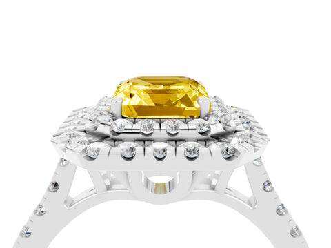White gold Double Halo Emerald Cut Yellow Sapphire Pavé Band with Four-Prong Setting_28