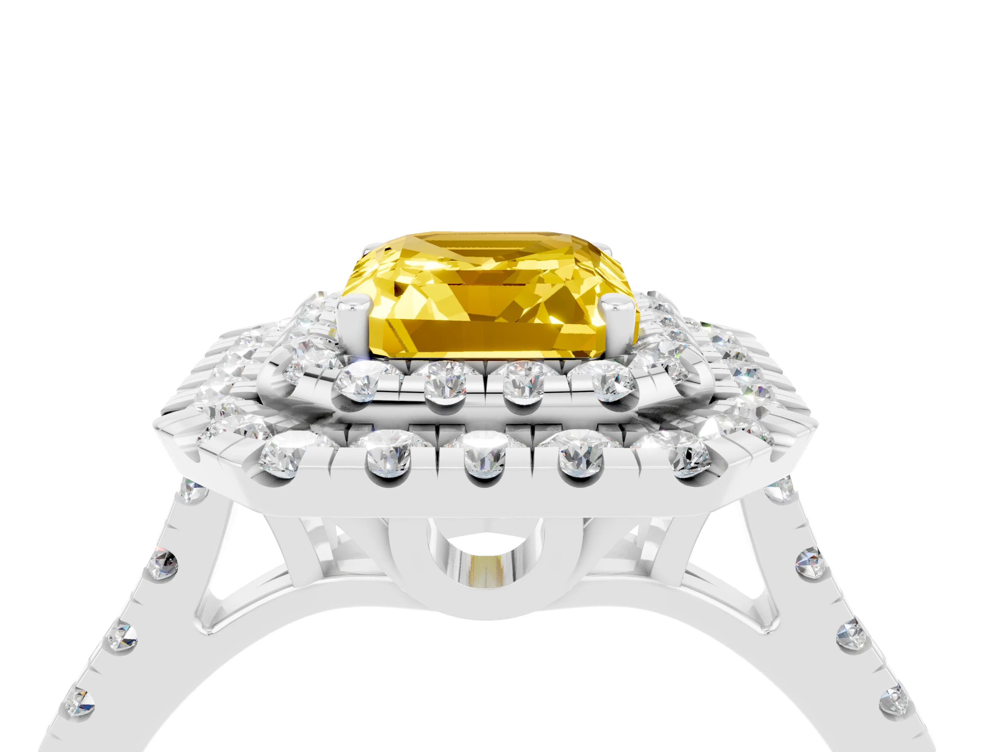 White gold Double Halo Emerald Cut Yellow Sapphire Pavé Band with Four-Prong Setting_28