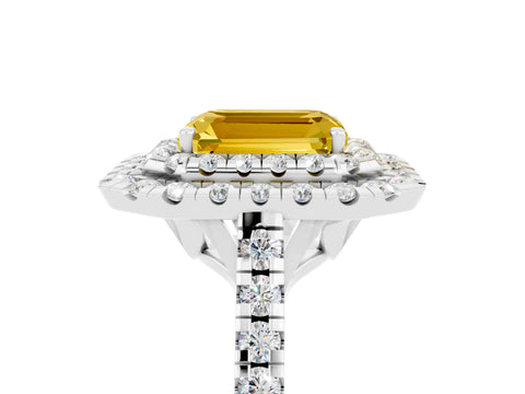White gold Double Halo Emerald Cut Yellow Sapphire Pavé Band with Four-Prong Setting_29