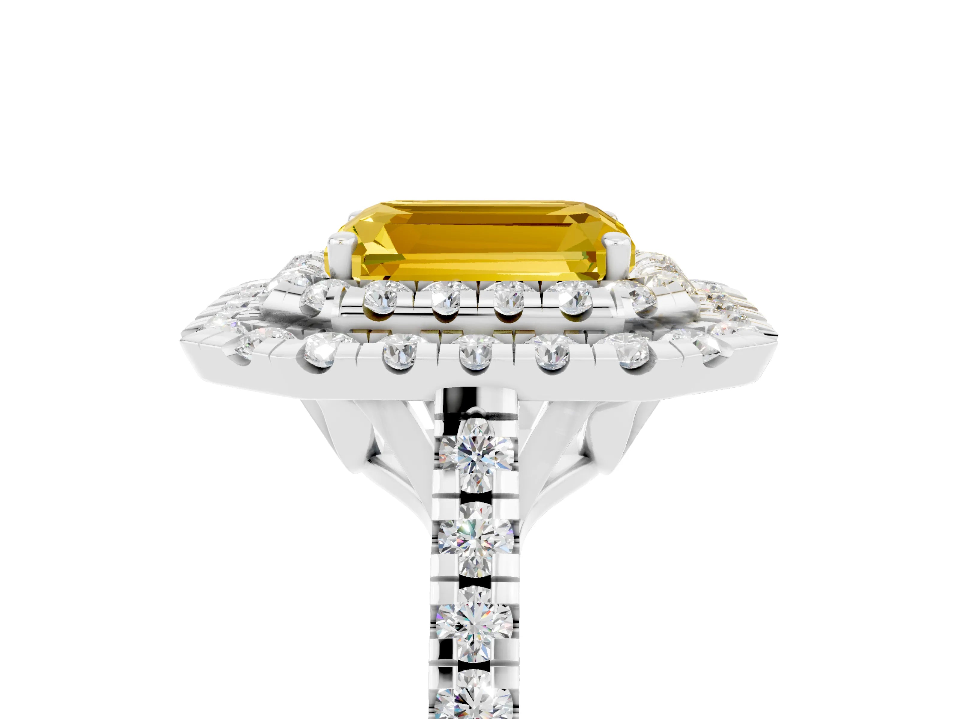 White gold Double Halo Emerald Cut Yellow Sapphire Pavé Band with Four-Prong Setting_29