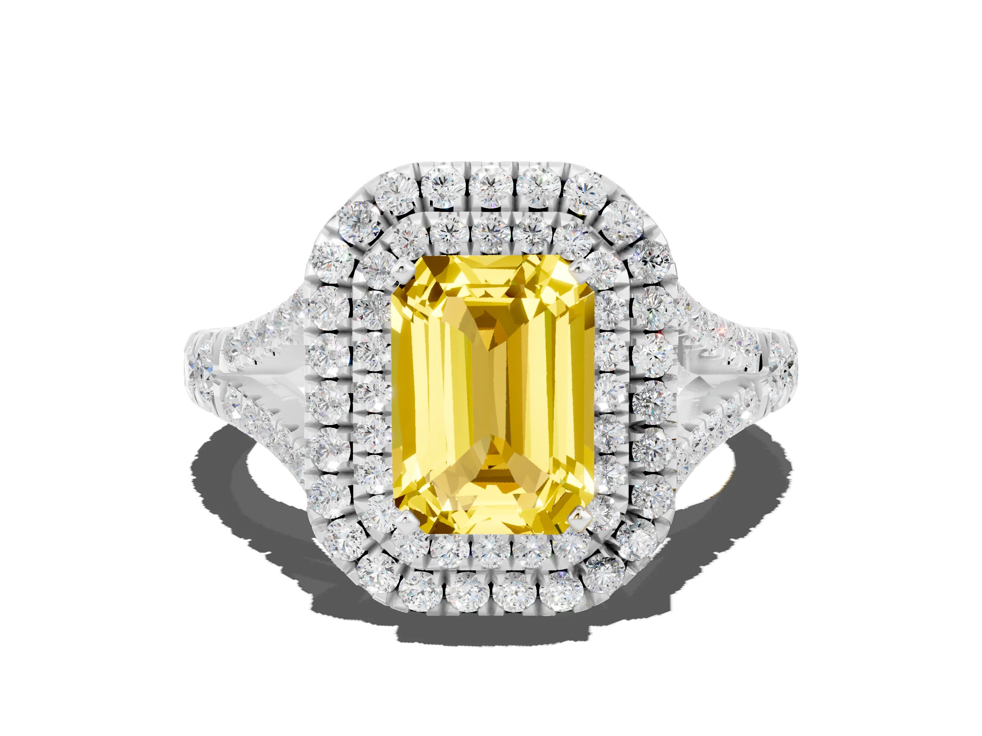White gold Double Halo Emerald Cut Yellow Sapphire Pavé Split Shank Ring with Prong Setting