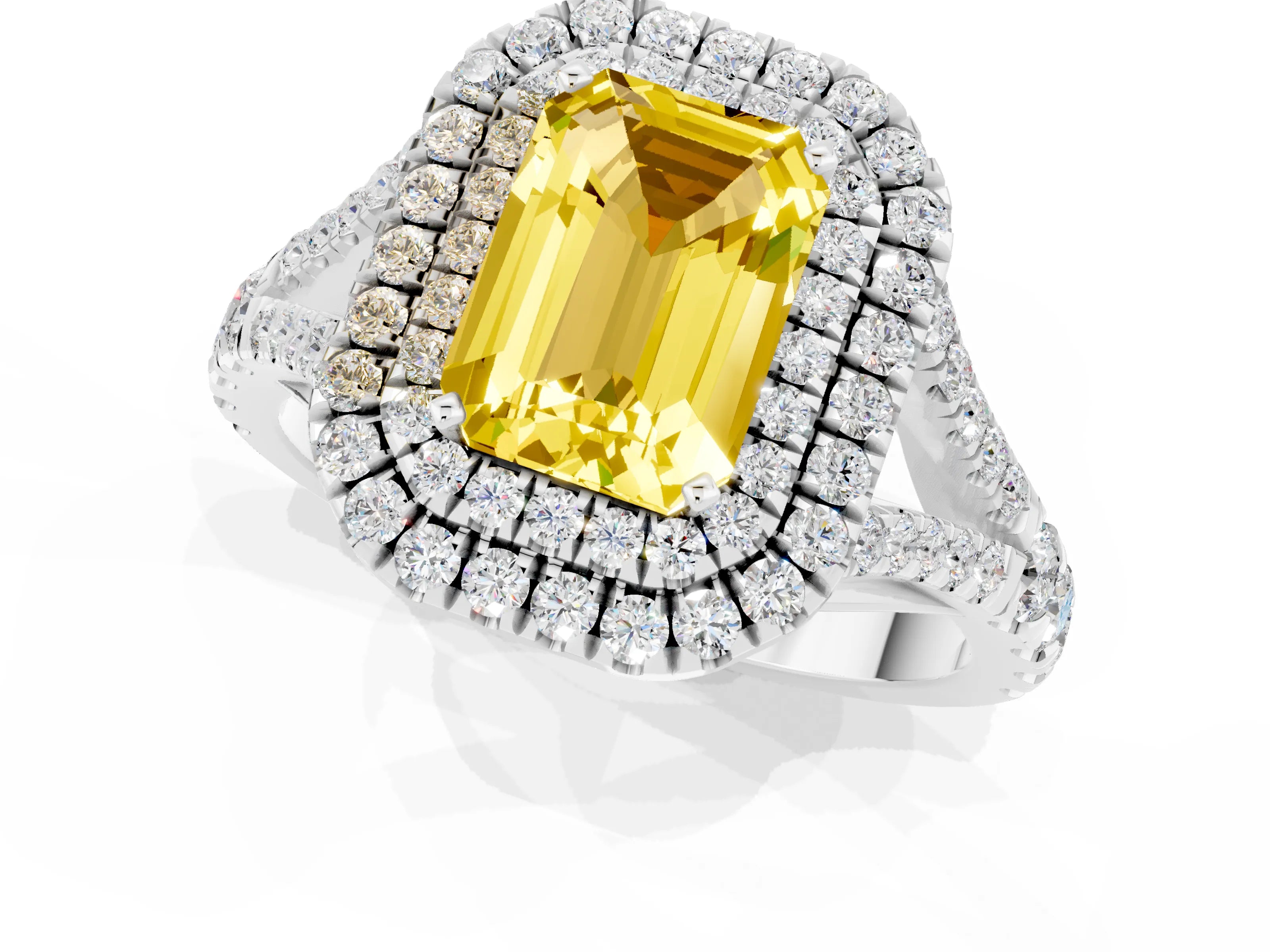 White gold Double Halo Emerald Cut Yellow Sapphire Pavé Split Shank Ring with Prong Setting_1