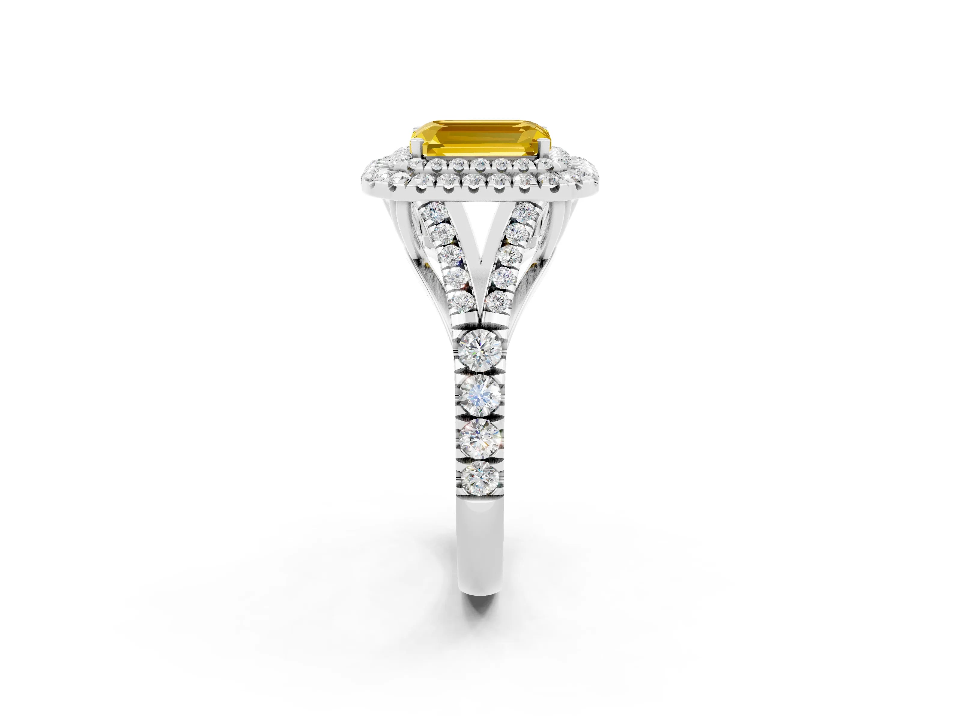 White gold Double Halo Emerald Cut Yellow Sapphire Pavé Split Shank Ring with Prong Setting_2