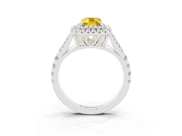 White gold Double Halo Emerald Cut Yellow Sapphire Pavé Split Shank Ring with Prong Setting