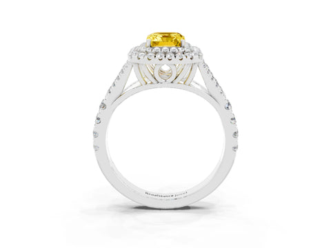 White gold Double Halo Emerald Cut Yellow Sapphire Pavé Split Shank Ring with Prong Setting_3