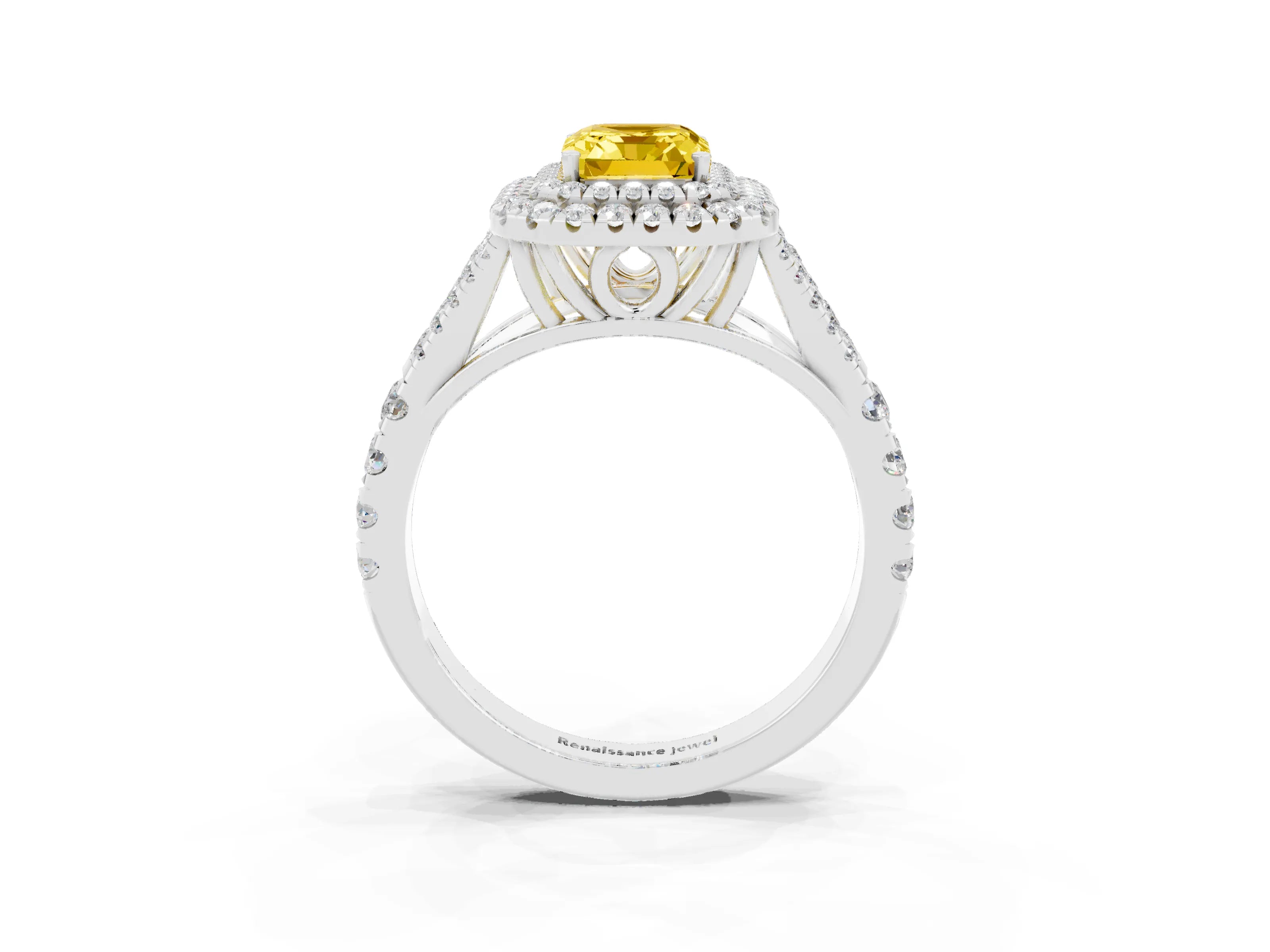 White gold Double Halo Emerald Cut Yellow Sapphire Pavé Split Shank Ring with Prong Setting_3