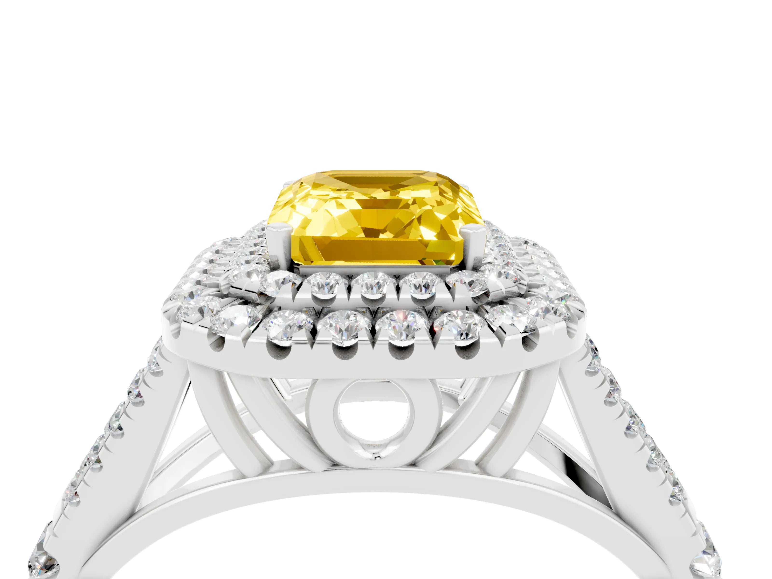 White gold Double Halo Emerald Cut Yellow Sapphire Pavé Split Shank Ring with Prong Setting_4