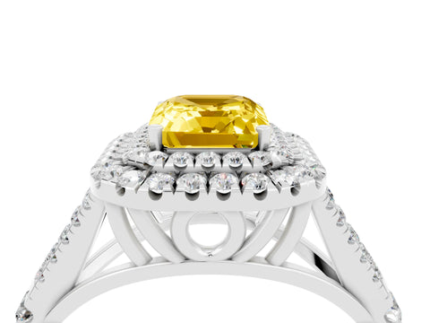 White gold Double Halo Emerald Cut Yellow Sapphire Pavé Split Shank Ring with Prong Setting_4