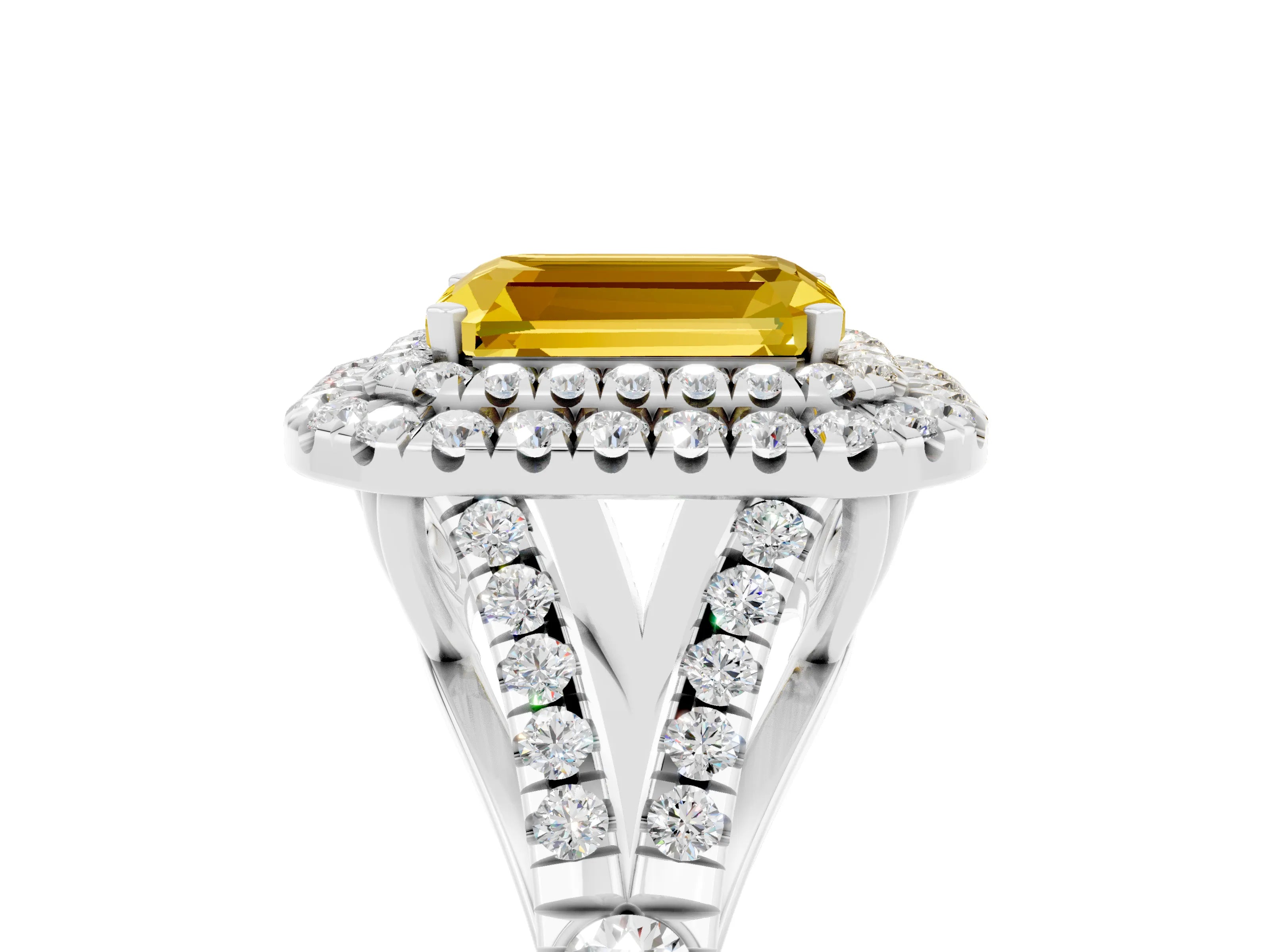 White gold Double Halo Emerald Cut Yellow Sapphire Pavé Split Shank Ring with Prong Setting_5