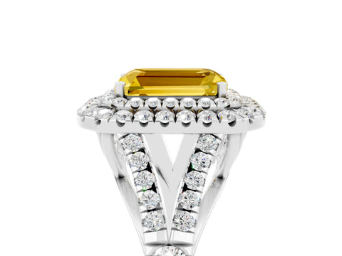 White gold Double Halo Emerald Cut Yellow Sapphire Pavé Split Shank Ring with Prong Setting_5