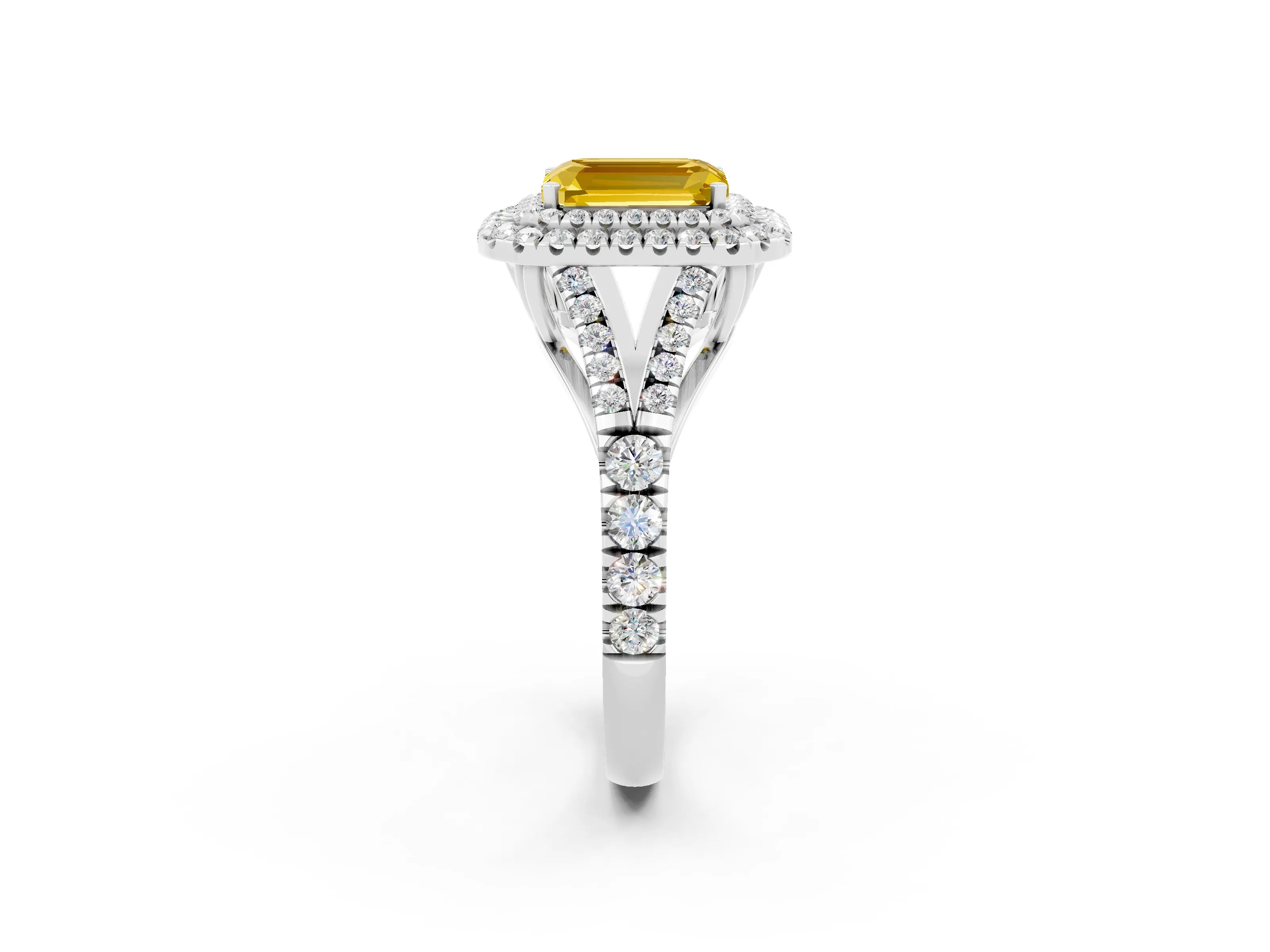 White gold Double Halo Emerald Cut Yellow Sapphire Split Shank Engagement Ring with Four-Prong Setting_2