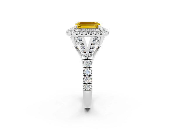 White gold Double Halo Emerald Cut Yellow Sapphire Split Shank Engagement Ring with Four-Prong Setting
