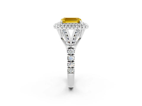 White gold Double Halo Emerald Cut Yellow Sapphire Split Shank Engagement Ring with Four-Prong Setting_2