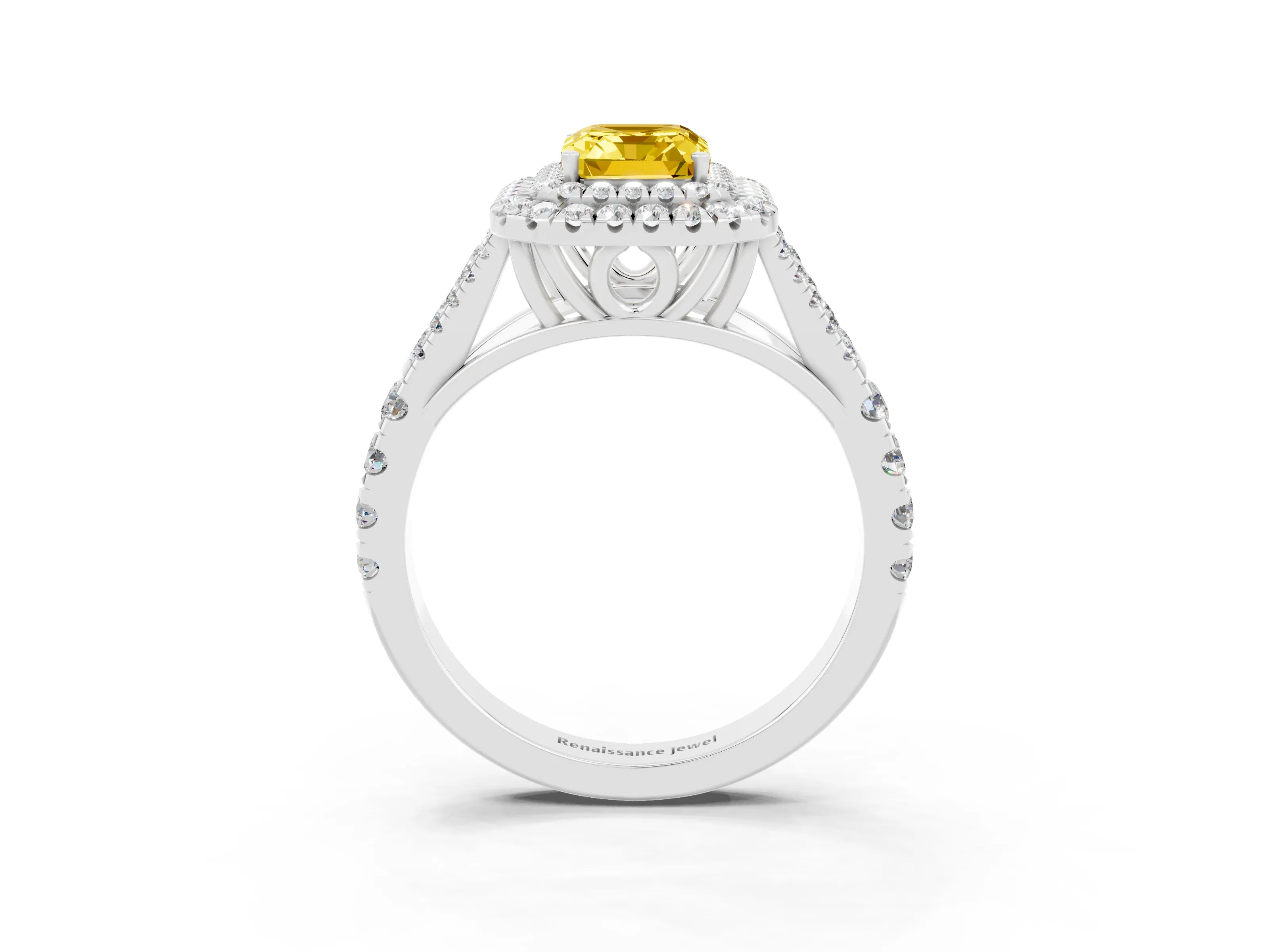 White gold Double Halo Emerald Cut Yellow Sapphire Split Shank Engagement Ring with Four-Prong Setting_3