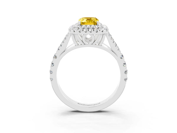 Silver Double Halo Emerald Cut Yellow Sapphire Split Shank Engagement Ring with Four-Prong Setting