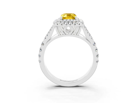 White gold Double Halo Emerald Cut Yellow Sapphire Split Shank Engagement Ring with Four-Prong Setting_3