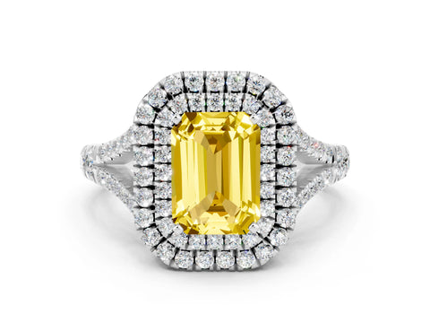 White gold Double Halo Emerald Cut Yellow Sapphire Split Shank Engagement Ring with Four-Prong Setting