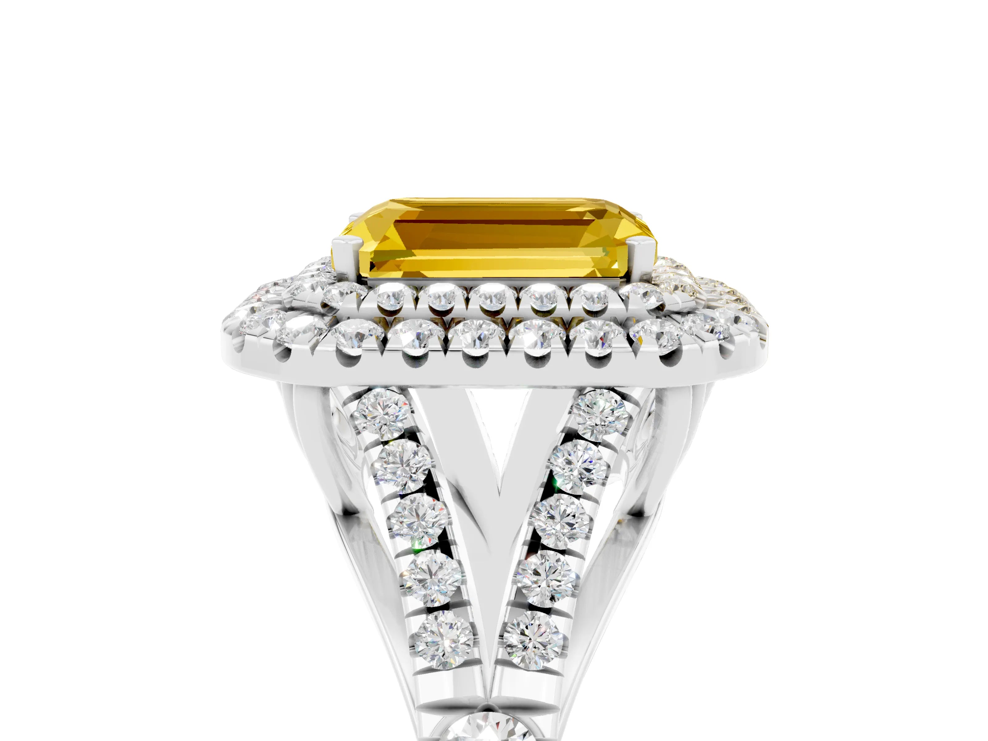 White gold Double Halo Emerald Cut Yellow Sapphire Split Shank Engagement Ring with Four-Prong Setting_5
