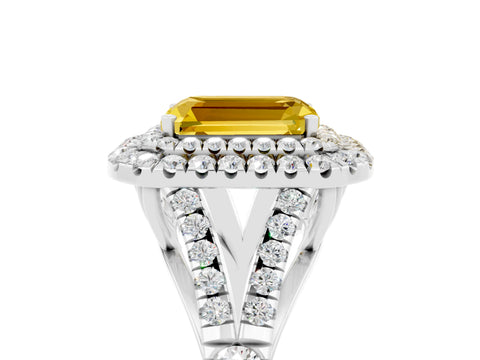 White gold Double Halo Emerald Cut Yellow Sapphire Split Shank Engagement Ring with Four-Prong Setting_5