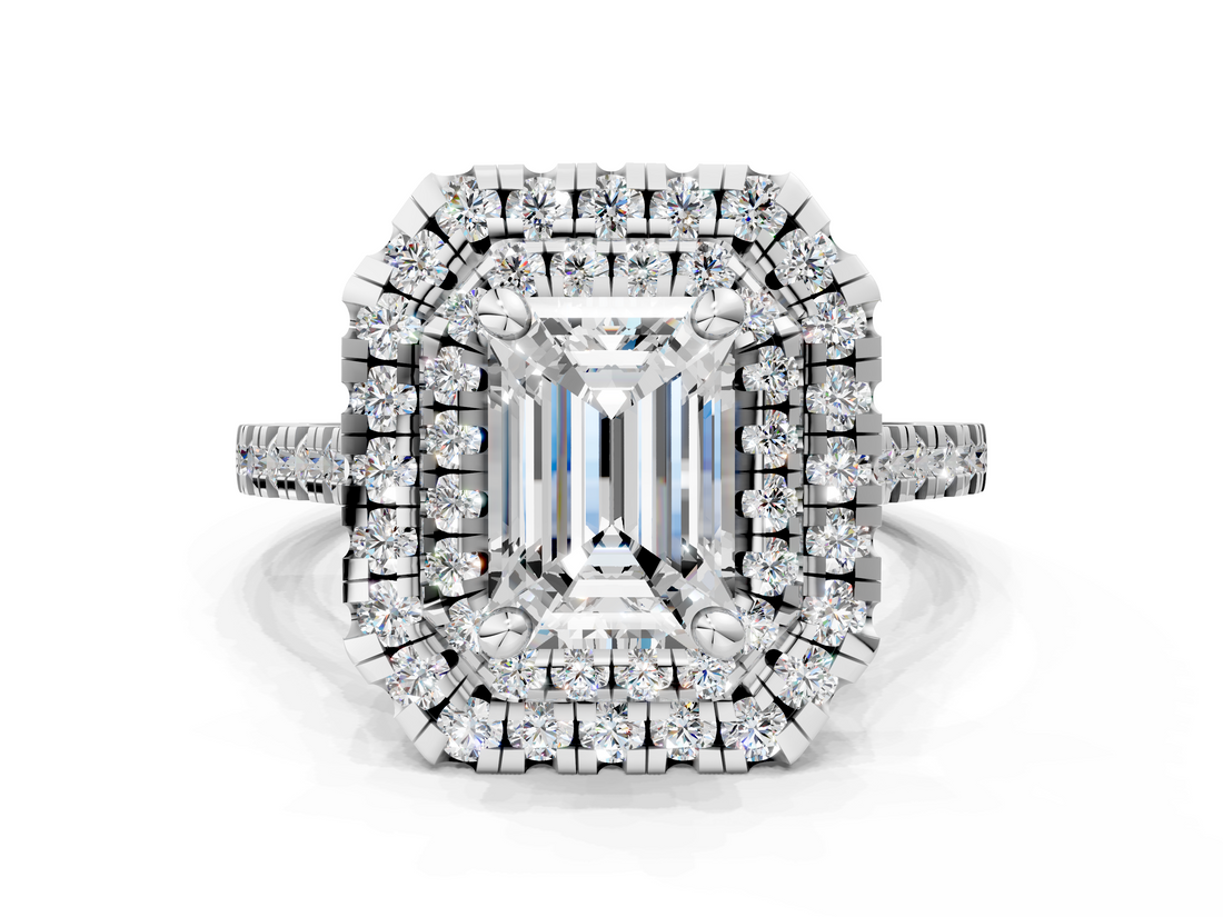 White gold Double Halo Emerald Diamond Pave Band with Four-Prong Setting_70