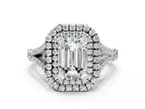 White gold Double Halo Emerald-Shaped Split Shank Diamond Ring with Prong Setting_20
