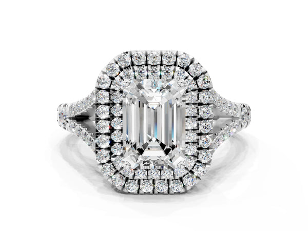 White gold Emerald Cut Diamond Double Halo Ring with Split Shank and Prong Setting