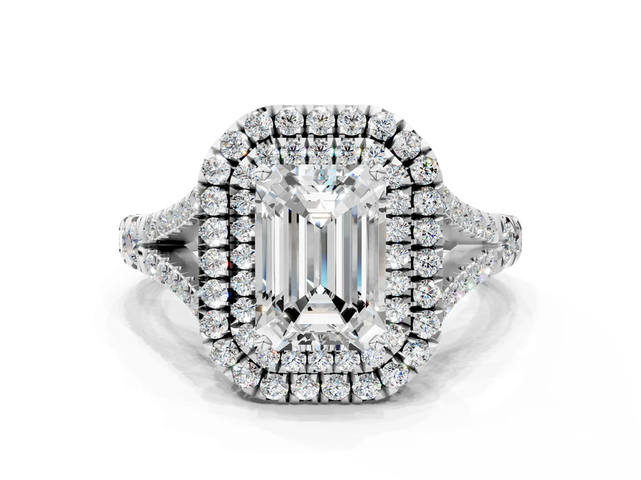White gold Emerald Cut Diamond Double Halo Ring with Split Shank and Prong Setting