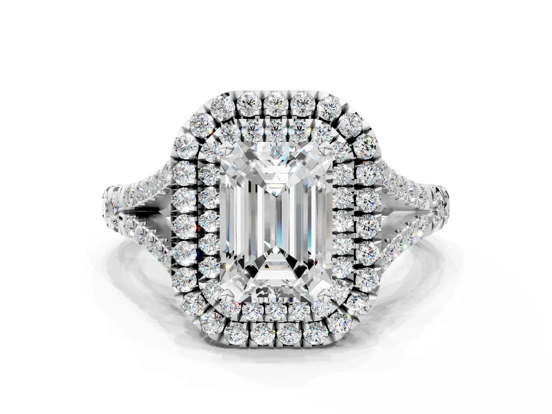White gold Double Halo Emerald-Shaped Split Shank Diamond Ring with Prong Setting_20