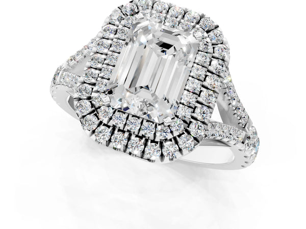 White gold Emerald Cut Diamond Double Halo Ring with Split Shank and Prong Setting