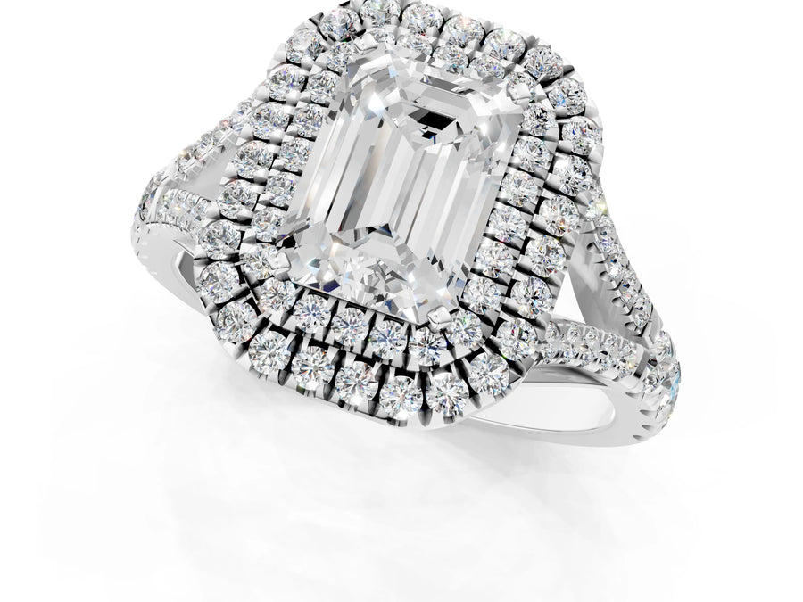 White gold Emerald Cut Diamond Double Halo Ring with Split Shank and Prong Setting