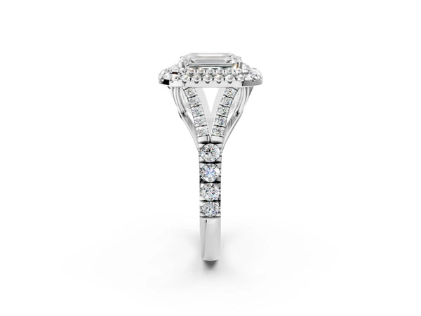 White gold Emerald Cut Diamond Double Halo Ring with Split Shank and Prong Setting