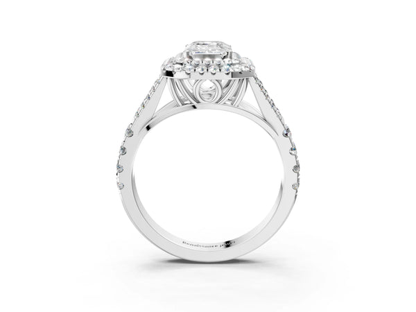 White gold Emerald Cut Diamond Double Halo Ring with Split Shank and Prong Setting