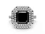 White gold Double Halo Fancy Black Asscher Cut Diamond Pavé Band with Four-Prong Setting